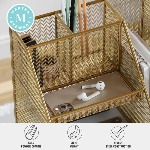 Vista 3 de Martha Stewart Ryder - Organizador de escritorio grande de metal de malla dorada con soporte para archivador de revista, soporte para bolígrafos
