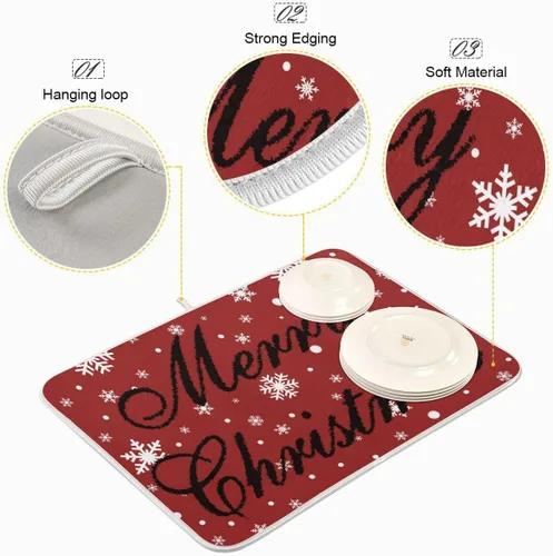 Vista 4 de Tapete de secado de platos rojo de Feliz Navidad para cocina, tapete de secado de microfibra blanca con copos de nieve, absorbente y reversible