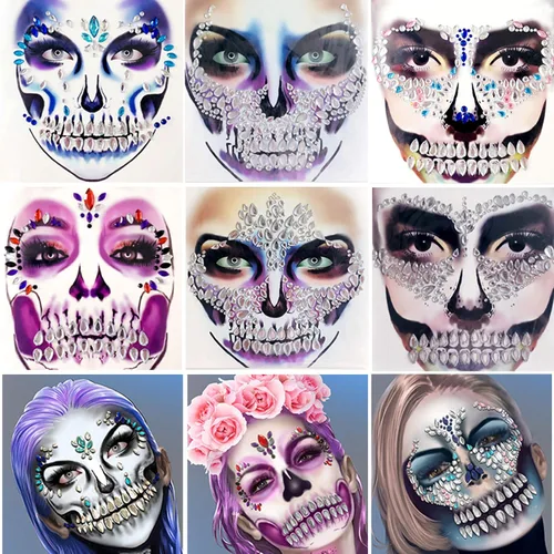 Vista 4 de Calcomanías para el Día de la Muerte, tatuajes faciales de payaso, tatuajes faciales para mujeres, paquete de 6