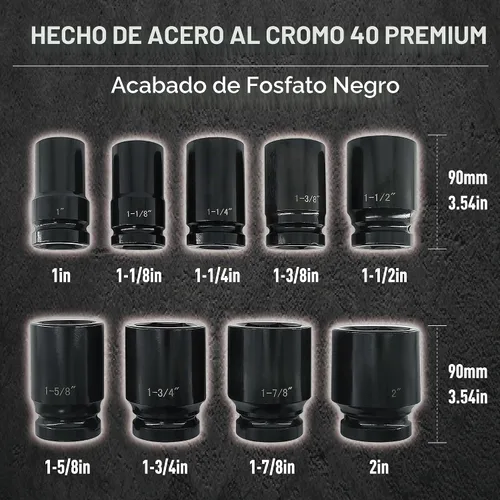 Vista 3 de Juego de enchufes de impacto profundo de 1 pulgada, 9 piezas de juegos de enchufes de impacto jumbo, acero cromado SAE de 1" a 2", diseño de 6