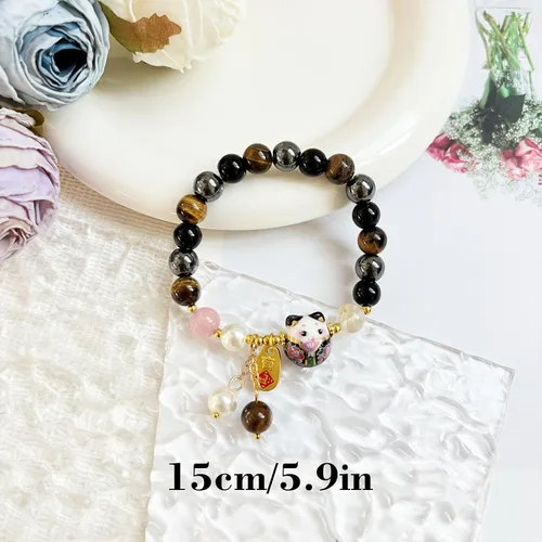 Vista 3 de Pulsera de gato de la suerte Feng Shui, joyería de buena suerte para mujer, protección de riqueza y fortuna, pulseras de cristal de piedras
