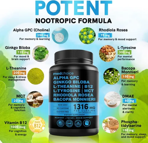 Vista 3 de MEDCHOICE Paquete de suplemento de melatonina para dormir (180 unidades) y cerebro nootrópico (60 unidades) - Dúo de bienestar para dormir, cerebro