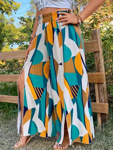 Vista 5 de WDIRARA Pantalones de pierna ancha con cordón en la cintura con estampado de talla grande para mujer