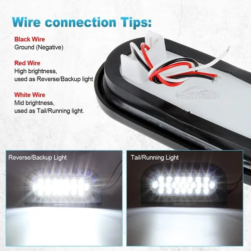 Vista 6 de Partsam 2 luces LED ovaladas rojas + 2 blancas de 6 pulgadas para remolque, kit de lente transparente, 24 LED, impermeable, parada, freno, giro