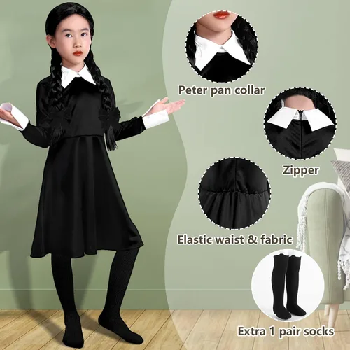 Vista 3 de Wigood Vestido de fiesta para niña de manga larga casual con cuello Peter Pan ajustado y acampanado con calcetines altos de 4 a 14 años Negro