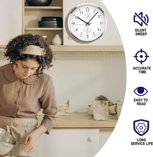 Vista 12 de HITO Reloj de pared silencioso de 10 pulgadas, funciona con pilas, sin tictac, cubierta de vidrio, marco de aluminio plateado, para decoración