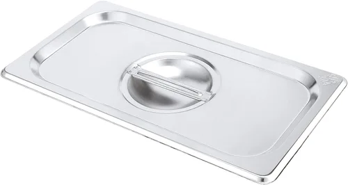 Vista 4 de PINGEUI Paquete de 8 tapas de mesa de vapor de acero inoxidable de tamaño 1/3, cubierta sólida para sartén de hotel con asa para bandeja