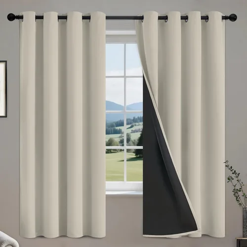 Vista 43 de COSVIYA Cortinas opacas 100% beige Biscotti para dormitorio, juego de 2 paneles de 63 pulgadas de largo, bloqueo de luz completa, aislamiento