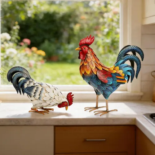 Vista 8 de Shorayn Estatuas de gallo de metal, decoración de pollo de metal para jardín al aire libre, esculturas de jardín, adornos de pollo, arte de patio