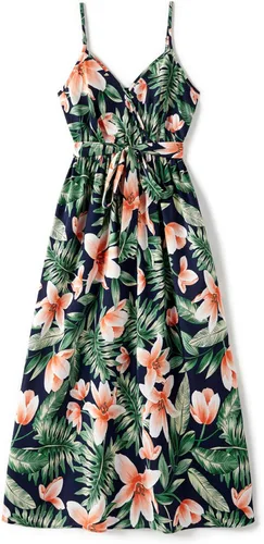 Vista 3 de PATPAT Trajes familiares a juego para mamá y yo, vestidos con estampado de hojas, tirantes delgados, casual, sin mangas, trajes a juego