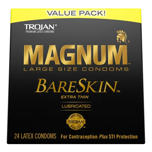Vista 2 de TROJAN Magnum BareSkin - Condones grandes prémium y condones grandes lubricados Magnum, cómodos y suaves para hombres, el condón número uno