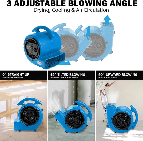 Vista 4 de MOUNTO Ventilador Air Mover de 1/5 hp de 800 cfm, ventilador de secado de pisos, motor de aire compacto de 3 velocidades con doble salida, cable