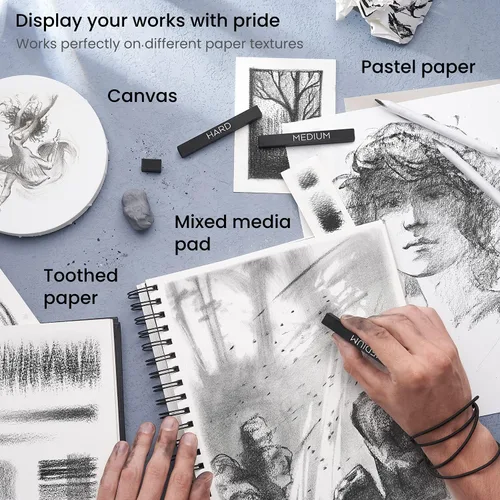 Vista 4 de ARTEZA Juego de 16 palos de carbón comprimido, crayones de dibujo medianos y duros para dibujar, sombrear, trabajo de línea en arte de carbón