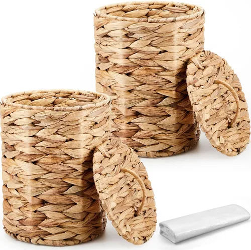 Vista 8 de Ctosree 2 Piezas Cestas de Basura de Mimbre Cesto de Residuos Tejido con Tapa Papelera de Baño Contenedor de Basura con 100 Bolsas de Basura