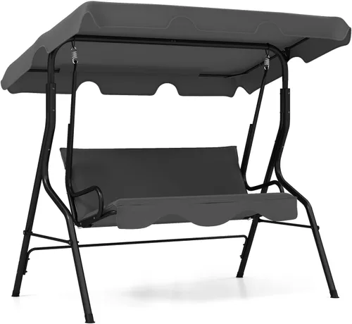 Vista 11 de RELAX4LIFE Silla columpio para porche para 3 personas, columpio para exteriores con toldo ajustable, cojín extraíble y soporte de marco de metal