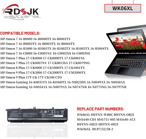 Vista 3 de WK06XL - Batería para portátil HP Omen 7 16-B0000 16-B0000TX 16-B0001TX 16-B0002TX 16-B1000 16-B1001TX 16-C0000 16-C0001NU 7 Plus 17-CK0000