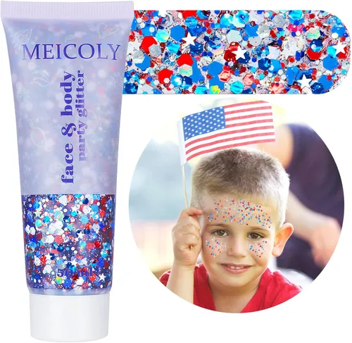 Vista 9 de MEICOLY Purpurina corporal roja, blanca y azul, accesorios del 4 de julio, purpurina para el cabello para niños, atuendos del 4 de julio