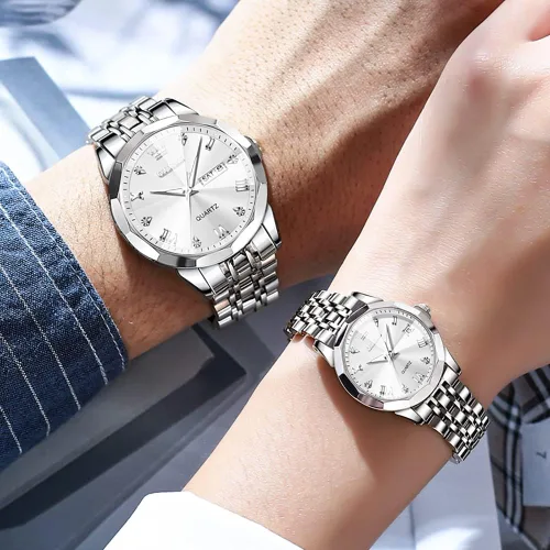 Vista 56 de OLEVS Reloj para parejas para él y ella, reloj analógico de cuarzo para hombres y mujeres, de acero inoxidable, impermeable, luminoso, fecha, reloj
