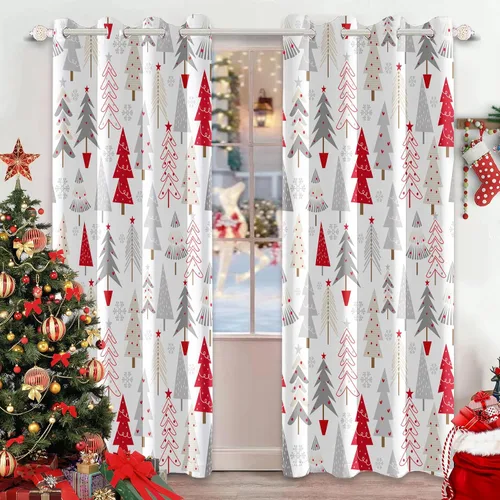 Vista 18 de AWERT Cortinas de Navidad para sala de estar, Navidad tradicional temporada de invierno, árbol de Navidad, juego de 2 paneles de cortinas opacas