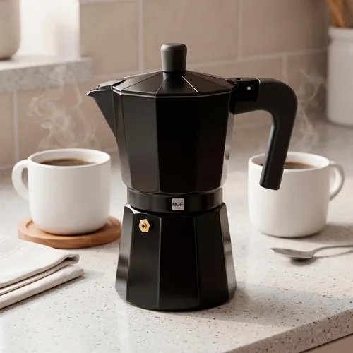 Vista 2 de Magefesa Kenia Noir - Olla de café expreso, 3 tazas/5 onzas, cafetera italiana para café cubano, aluminio extragrueso, mango resistente al calor