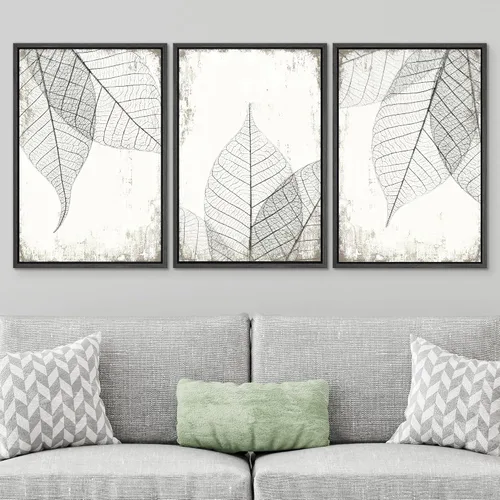 Vista 3 de SIGNWIN Lienzo enmarcado para pared, juego de arte de collage de hojas transparentes en blanco y negro, ilustraciones de naturaleza silvestre, arte