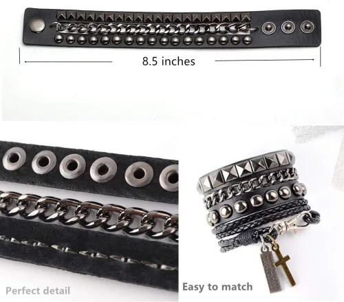 Vista 4 de TURTLEDOVE Pulsera de cuero punk - Pulsera de cuero gótico rock con cadena para fiesta