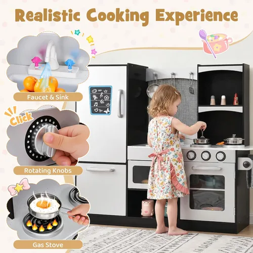 Vista 2 de Honey Joy - Juego de cocina para niños - Cocina de juguete de madera con microondas, estufa, fregadero, grifo, cortina, alacena y estante, regalo