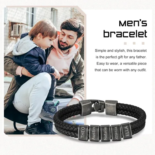 Vista 8 de Pulsera personalizada con nombre para hombre, pulsera de cuero personalizada para hombre con 2-5 cuentas vintage grabadas con nombres de familia