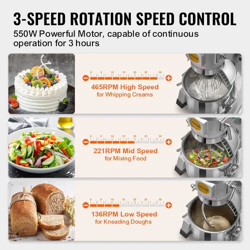 Vista 3 de VEVOR Mezclador comercial, mezclador comercial de alimentos de acero inoxidable de 10 cuartos de galón, mezclador de pie comercial de 450 W con 3