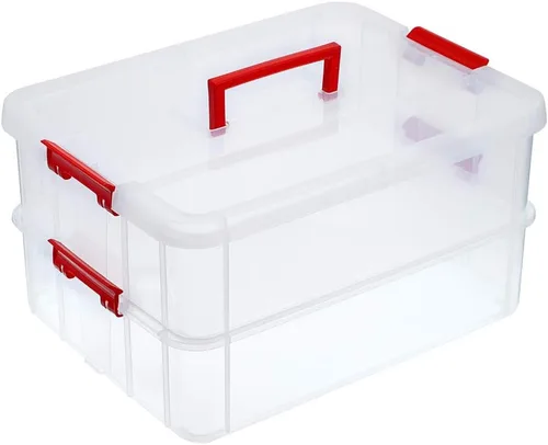 Vista 8 de BTSKY Caja de almacenamiento portátil multiusos de 2 capas, organizador de almacenamiento portátil multiusos para organizar papelería, costura, Negro