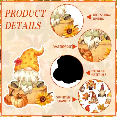Vista 3 de Whaline 16 imanes de gnomo de otoño para refrigerador, calcomanías de imanes de nevera de otoño, hojas de arce, calabazas, forma de gnomo