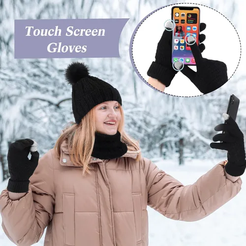 Vista 4 de Sureio Conjunto de 27 piezas de gorro de punto con pompón, bufanda cálida, guantes para pantalla táctil, gorro de punto para mujer