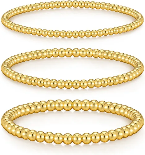 Vista 19 de Doubgood - Pulseras de oro para mujer, juego de 5 piezas, pulseras chapadas en oro de 14 quilates, conjuntos de joyería con cuentas elásticas