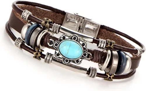 Vista 2 de Pulsera de cuero con incrustaciones de turquesa para mujer, pulsera de cuero punk creativa, retro, ovalada, viento, Navidad, cumpleaños, joyería
