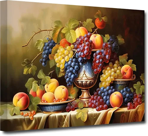 Vista 9 de CXHOSTENT Lienzo decorativo para pared de vino tinto, uvas frescas, frutas y copas de vino, pintura de paisaje campestre para comedor