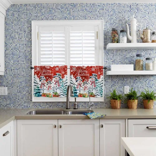 Vista 3 de 2 paneles de cortinas de Navidad con diseño de muñeco de nieve de 24 pulgadas de largo, cortinas de cocina con copos de nieve de invierno, cortinas