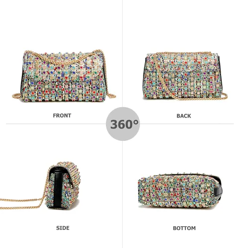 Vista 6 de Bolsos de mano con diamantes de imitación para mujer, bolsos de hombro con cadena, bolsas de noche brillantes para cóctel, graduación, fiesta, boda
