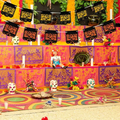 Vista 4 de Pancarta pequeña del Día de los Muertos con diseño de mariposa monarca mexicana, pancartas para fiesta de papel picado, Día de los Muertos