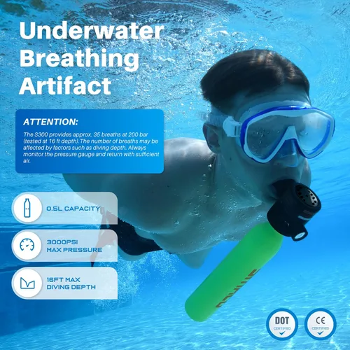 Vista 2 de SMACO S300 Mini Scuba Tank Handheld Diving Lung Air Tank 0.5L Aluminum Pony Bottle, Compact & Lightweight, for Recreational Diving, Pool Training