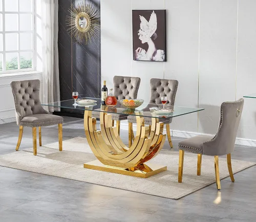 Vista 23 de Juego de mesa de comedor de cristal dorado de 5 piezas, 70 pulgadas, rectangular, moderna, para cocina y comedor, mesa de comedor para 4, mesa