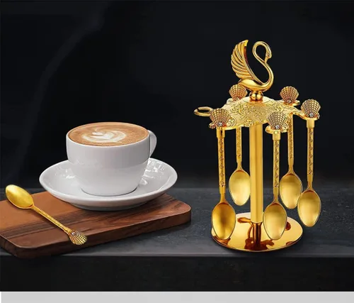 Vista 2 de Soporte decorativo de base de cisne con 6 cucharas, cucharas de té de lujo, postre de café, cucharaditas, cuchara de mermelada para frutas, agitar