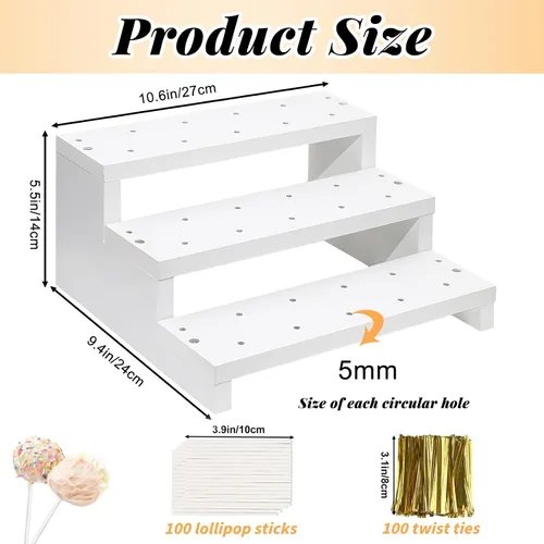 Vista 2 de Soporte de madera para piruletas de pastel, soporte de exhibición de 3 niveles, blanco, con 33 agujeros, soporte para piruletas con lazos