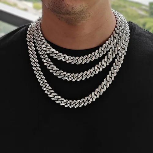 Vista 2 de Cadena de eslabones cubanos para hombre, 0.51 pulgadas de ancho, plataoro, cadena cubana AAA+, diamantes de imitación, aleación de zinc, cadenas