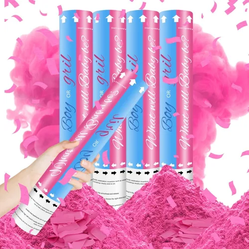 Vista 8 de Cañones de Confeti Azul o Rosa de 12 Pulgadas, Confeti en Polvo para Revelación de Género de Niño o Niña, Juego de 4 Cañones de Humo, Decoraciones