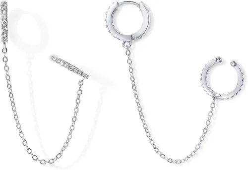 Vista 3 de PAVOI Aretes de cadena de oro de 14 quilates para mujer Aretes de aro de doble piercing Aretes de aro de perlas de circonita cúbica para mujer