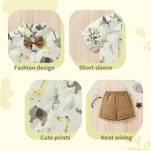 Vista 25 de JEELLIGULAR Conjunto de ropa de verano para bebé niño de manga corta con botones y pantalones cortos, trajes casuales para caballeros de 1 a 6 años