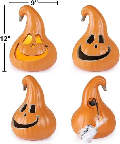 Vista 6 de iHomegarden Halloween Linterna de calabaza – Farol iluminado Jack O – Farol de calabaza preiluminado Forma de campana de 12 pulgadas.
