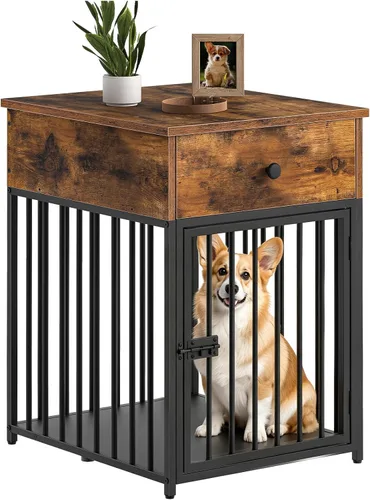 Vista 10 de HOOBRO Muebles de jaula para perros, casa de madera para perros, perrera decorativa con cajón, mesa auxiliar de jaula de interior para perros