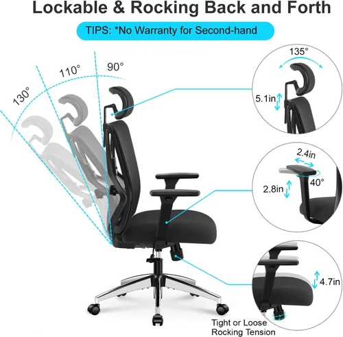 Vista 4 de Ticova Silla de oficina ergonómica – Silla de escritorio con respaldo alto con soporte lumbar ajustable y reposabrazos 3D – Silla de computadora