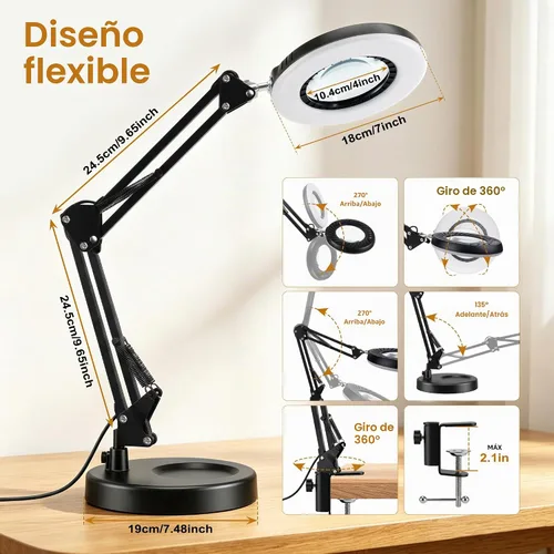 Vista 6 de Akynite Lupa 12X con luz y soporte, 5 colores 9 niveles regulables
